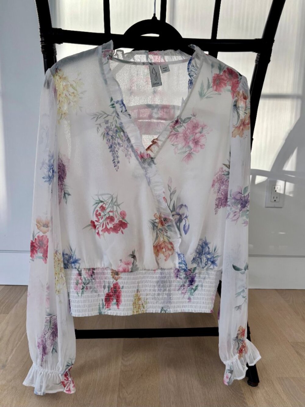 Joie Floral Sheer Long Sleeve Blouse | Size Medium | Smocked Waist Romantic Top